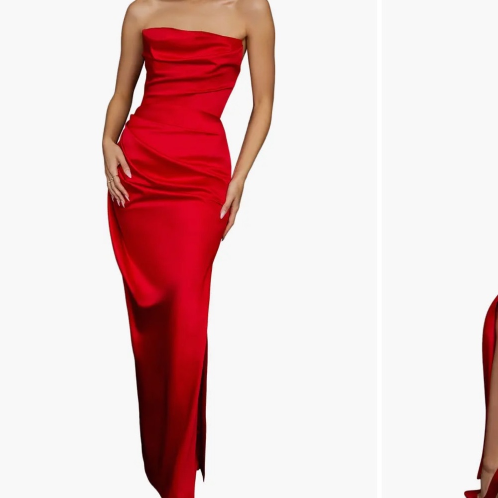 House of CB Adrienne Scarlet Satin Strapless Gown